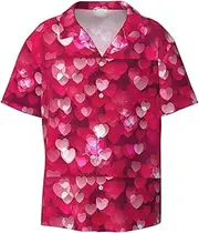 [HVTTIOR] Valentine's Day Love Heart Print Short Sleeve Shirt Cuban Collar Beach Casual Style Summer Vacation Relaxed Fit