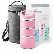 Lille Home Stackable Stainless Steel Thermal Compartment Lunch/Snack Box, 3-Tier Insulated Bento/Food Container with Lunch Bag, Cutlery Set and 3 Extra Seals, 43OZ