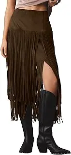 [Gacaky] Womens Fringe Faux Suede Trim Skirts 2025 Summer Casual Elastic Waist A-Line Long Skirt Party Music Festivals Skirt, Coffee, Small