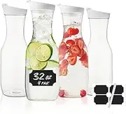 Cuiselect Water Carafe with Lid, 32 Oz Round Plastic Pitcher for Drinks, Milk, Mimosa Bar Supplies, Iced Tea, Juice Containers with Lids for Fridge, BPA-Free, NOT DISHWASHER SAFE, 4 Pack