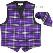 New Vesuvio Napoli Men's plaid checkered Tuxedo Vest Waistcoat_Necktie Purple