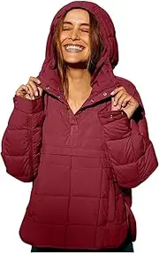 [VESNIBA] Women's Quilted Pullover Puffer Jacket Oversized Long Sleeve Hooded Coats Winter Warm (Hot Pink-d, M)
