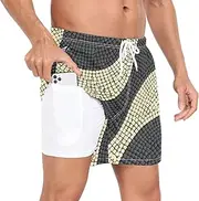 [GuoChe] Swimming Shorts for Men Men's Double Layer Workout Running Shorts Black and White Waves Phone Pocket Inseam