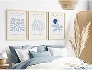 Henri Matisse Wall Art Prints - Abstract Aesthetic Canvas Blue Decor - Minimalist Flower Market Painting for Bathroom - 12x16 Inch Unframed Set of 3