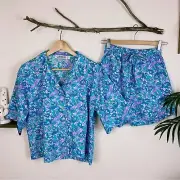 Lusana Donovan Button Up Shirt & Short Set in Alice Blue Floral NWT Women Size S