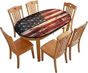 American Flag Oval Fitted Tablecloths, Weathered Vintage Social Plank Elastic Edged Table Cover, for 4th of July Independence Day or Indoor Outdoor Use, 42" x 60"