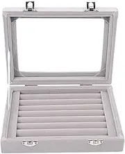 [Skidwedy] Velvet Glass Jewelry Display Storage Box, Women Ring Storage Case Earring Display Case Box Ring Organizer, Velvet Jewelry Tray Cufflink Storage Showcase with Clear Glass Lid(Grey)