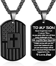 [Zocomi] To My Son Dad Brother Husband Grandson Grandpa Boyfriend Man Dog Tag Cross Necklace Christian Religious American Flag Pendant Chain Christmas Valentine’s Day Jewelry Gifts for Men Boys, *To My
