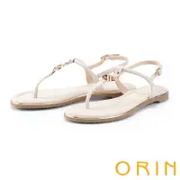 在飛比找momo購物網優惠-【ORIN】造型圓飾真皮鑲金平底夾腳涼鞋(米色)