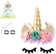 Nishine Rose Floral Unicorn Cake Topper Birthday Party Cake Decoration (Gold&Mint)