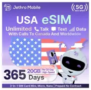 Jethro Mobile eSIM Prepaid Phone Plan Unlimited Talk Text, 20GB Monthly 5G LTE