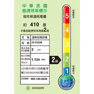 (輸碼95折 FJUGDXZNJ)晶工 節能科技溫熱開飲機 JD-5322B