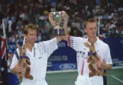 Stefan Edberg of Sweden Petr Korda Czech Republic lift the trophy - Old Photo