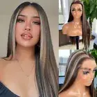 Long Straight Highlights 13x4 Synthetic Lace Front Wig Natural Hairline Glueless