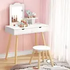 Kids Dressing Table Vanity Set White Wooden 3 to 7 Years Storage Chair RE-WH