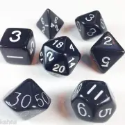 Dice Poly - Opaque Black w/ White Numbers -Set Of 7- Free Bag! DnD