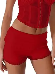 [AGECODE] Women's Ruched Mesh Ruffle Trim Layered Low Waisted Summer Shorts, Red, Medium