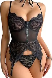 [JINZIJINYU] Sexy Bodysuit Crotchless Sexy Lace Eyelash Mesh Embroidery Bodysuit Role Play Fun Bodysuit