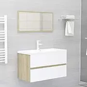 Stylish Bathroom Furniture Set - White & Sonoma Oak Engineered Wood: Sink Cabinet, Built-in Basin, Mirror, Modern Design, Ample Storage, Ceramic Basin