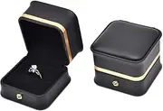 Eveynsh Wedding Engagement Ring Box Black, Square Leather Velvet Jewelry Ring Bearer Box, Premium Gorgeous Vintage Single Slot Ring Box for Proposal, Ceremony, Anniversary, Gift