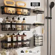 Stainless Steel Shower Caddy 6-Pack, No Drilling & Rustproof, Waterproof Adhesive Shelves Rack with Soap Holder, Large Capacity Bathroom Organizers and Storage, Wall-Mounted Kitchen&Home Decor - Black