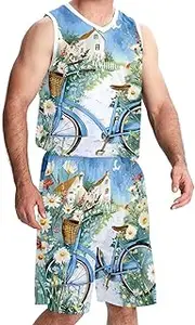 [KQNZT] Basketball Jerseys Shorts Sport Set, Outfit Tank Top Track Shorts, Mens Basketball Jerseys, Hello Summer Chamomile Bike