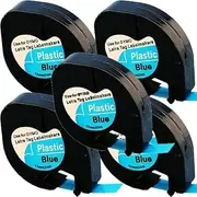 ExtraPrint 5 Pack Compatible LetraTag Plastic Tape Replacement for Dymo 91205/91335 Label Tape for Dymo LetraTag 100H, LetraTag 100T, LetraTag 200B, LetraTag XR (Black On Blue, 12mm)