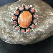 Orange Spiny Oyster Cluster Navajo Sterling Silver Ring Size 10 18397