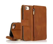 For iPhone 7/8/SE2/SE3 Case, Leather Zipper Purse Flip Cover Case with Card Slot Holder Wrist Strap Lanyard (Brown)