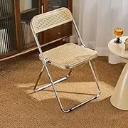 Portable Folding Chair Stool, Backrest Foldable Stool with Metal Frame, Rattan Folding Chair for Small Space Assembly Free Non-Slip(Original Wood)