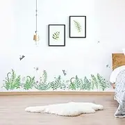 AnFigure Green Fern Plants Wall Corner Stickers Tropical Nature Leaves Dragonfly Grass Baseboard Skirting Line Botanical Wall Decals Living Room Bedroom Kitchen Wall Decor