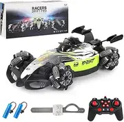 Rechargeable Remote Control Car with 2 Batteries, Lateral Movement, 360° Rotation, Driftina, Handle and Gesture Control, Music and Lights (Green)