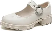 [ZIRIA] Genuine Leather Women's Pumps Spring Autumn Plus Size Mary Janes Vintage Med Heels Shoe Beige