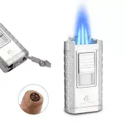 Galiner Refillable Cigar Torch Lighter Punch Holder 3 Jet Flame Butane Gift Box