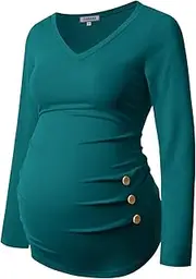[GINKANA] Maternity Shirt Long Sleeve Basic Top Ruch Sides Buttons Tshirt for Pregnant