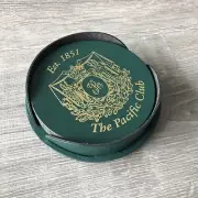 New The Pacific Club Green Faux Leather Coaster Set of 6 with Holder