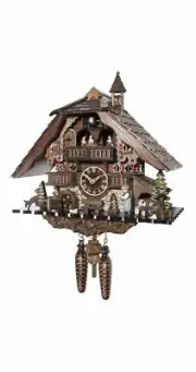 Quartz Cuckoo Clock Black forest house with music and dancers.. EN 48114 QMT NEW
