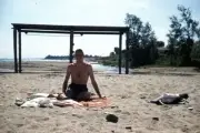 1950s Red Border Kodachrome 35mm Slide Handsome Man on Beach Blanket No Shirt