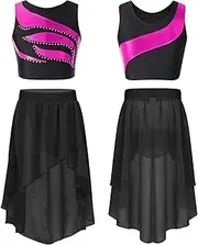 [iEFiEL] Kids Girls 2PCS Lyrical Ballet Dance Outfits Crop Top with Chiffon Skirt Latin Jazz Performance Costume