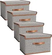 Tuza 4 Pack Storage Bins with Lids, Collapsible Closet Organizer Container, Fabric Organizer Box with Handles, Decorative Storage Boxes with Lids for Organizing Clothes, Books, Light Grey, Large