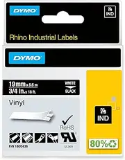 DYMO Rhino Industrial Vinyl Labels, 9 mm x 5.5 m, White Print on Black, Self-Adhesive, 1805436