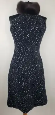 NWT LEONARD PARIS ITALY CHLOE BLACK SPARKLING CAVIAR MIKADO DRESS MINK COLLAR