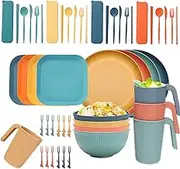 Wheat Straw Dinnerware Sets, 52 Pcs Unbreakable Dinnerware Sets Include Knives Forks Spoons Straws and Chopsticks for Camping Party Kitchen