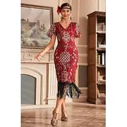 Retro Vintage Roaring 20s 1920s Flapper Dress Dress Masquerade The Great Gatsby Wedding Guest Sequins Tassel Fringe Women's Masquerade Wedding Wedding Guest Pa