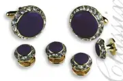 Purple Enamel Stone Center Austrian Crystal Border Tuxedo Studs and Cufflinks