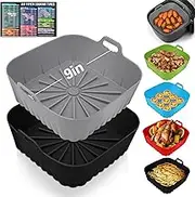 Square Silicone Air Fryer Liners - 9 Inch Reusable Air Fryer Pot - Air Fryer Accessories - Air Fryer Inserts for 6 to 9 QT for Oven Microwave Accessories (9 Inch-Grey+Black)