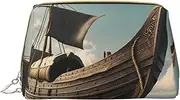 Old Viking Boat Leather Hand-Held Zipper Makeup Bag Cute Make Up Case Large Wide-Open Pouch Pen Case, White, One Size