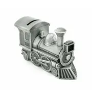 Pewter Plate Train Money Bank Coin Saver Tin Jar Storage Container Silver 16cm