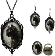 [YWMAN] 4 PCs Goth Cat Jewelry Set, Black Victorian Cameo Necklace, Earrings and Ring, Mystic Witch Jewelry Gifts Halloween Accessories for Women