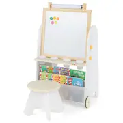 Babyjoy 4-in-1 Kids Art Easel Adjustable Activity Table & Stool w/Whiteboard & Chalk Board Drawing Set Natural